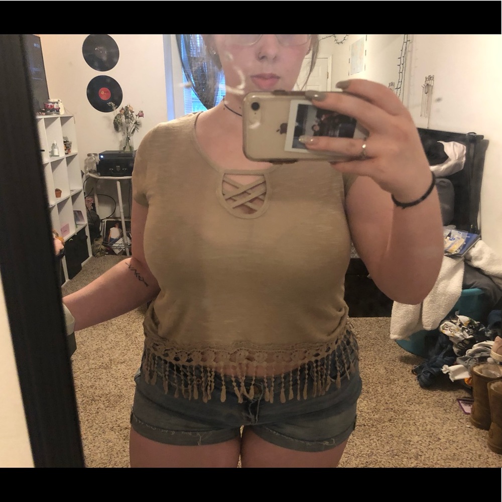 Fringe tan crop top